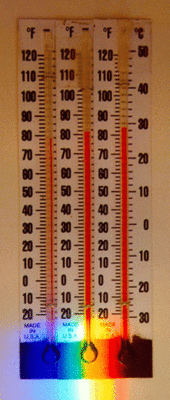 Photo of the thermometers showing constant temperature in the visible part of the spectrum and higher temperature in the infrared